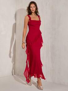 SHEIN BAE Robe de soirée romantique pour femme en rouge unicolore avec volant sur l'épaule, fente élevée sur le devant, robe élégante et sexy