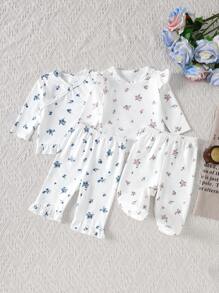 Newborn Minimalist Ditsy Floral Long Sleeve Long Pants Pajama Set With Long Sleeve Top