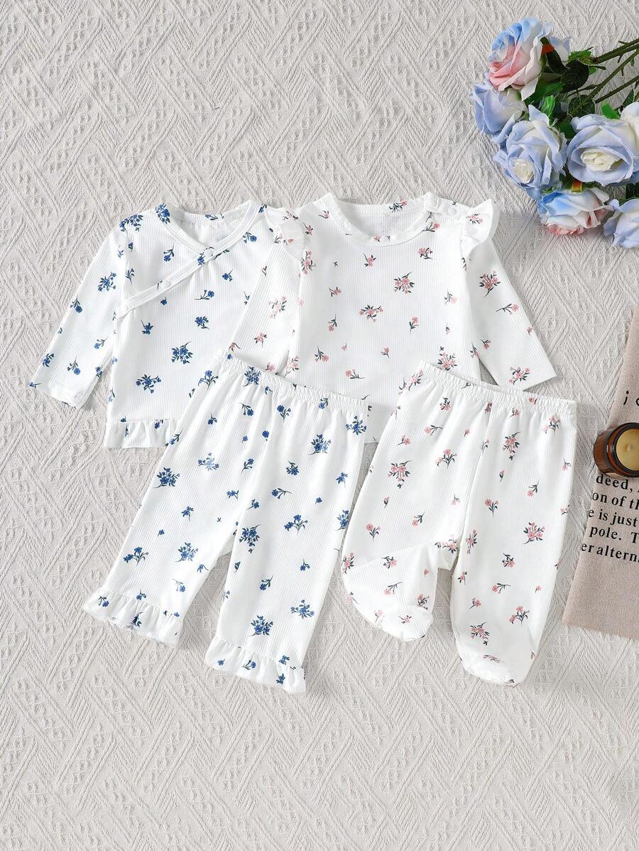 Newborn Minimalist Ditsy Floral Long Sleeve Long Pants Pajama Set With Long Sleeve Top