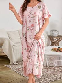 SHEIN Bubble Ruffle Hem Floral Print Long Nightgown Babydoll Luxeloungewear, Moo Moo - Multicolor - View 3