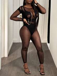 BamGleam Solid Color Round Neck Hollow Mesh Ripped Seamless Jumpsuit - Black - View 7