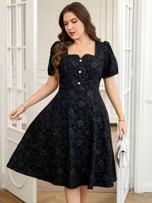 Reflora Plus Size Women's Fashion Elegant Black Square Neck Textured Fabric Short Sleeve Textured Puff Sleeve Front Button Design Waist A-Line Long Dress