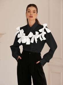 GENKIRA 法式风格甜美浪漫双色 3D 蝴蝶结装饰女童长袖衬衫女士秋季衬衫，节日派对服装可爱有趣的纽扣衬衫女士 - 彩色 - 查看 5