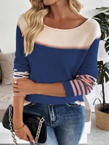 SHEIN LUNE 博主风格拼色宽松超大圆领套头毛衣，欧美风针织套头衫秋冬 - 彩色 - 查看 3