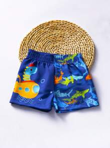 Baby Boy Cute Cartoon Dinosaur Print Elastic Waist Drawstring Swim Trunks, Suitable For Swimming, Camping, Outdoor And Water Sports,Baby Boys Beach Shorts - Blue - View 3