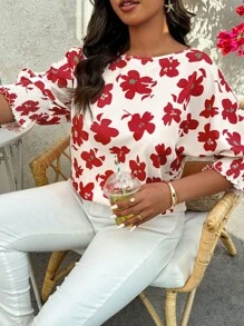 SHEIN LUNE Áo thun tay cánh dơi in hoa cỡ lớn thường ngày đi nghỉ - Nhiều màu - Xem 1