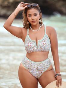 Swim Vcay Ensemble de maillot de bain imprimé 2 pièces, grande taille, maillots de bain bikini de vacances d'été pour femmes