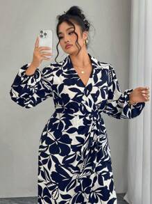 Modelyn Plus Size Elegant Floral All Over Print Lantern Sleeve Tie Wrap Dress - Navy Blue - View 3
