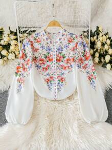 SHEIN LUNE Plus Size Stand Collar Positioned Print Long Sleeve Shirt, Business/Casual Fall Cloth For Women