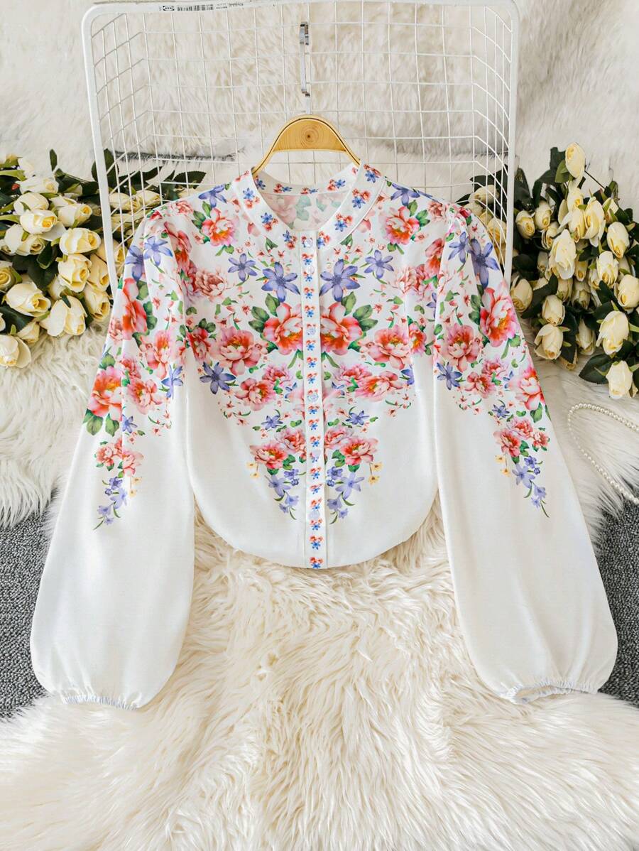 SHEIN LUNE Plus Size Stand Collar Positioned Print Long Sleeve Shirt, Business/Casual Fall Cloth For Women