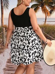 SHEIN VCAY Váy yếm dài vừa phải in họa tiết da báo có thắt lưng thanh lịch dành cho nữ cỡ lớn, phong cách ngày lễ - Nhiều màu - Xem 2