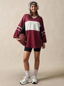 VARSITIE White & Red Stripe Patchwork Digital Print Loose Casual Sweatshirt - Multicolor - View 6