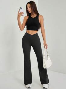 SHEIN PETITE Pantalones acampanados de cintura alta con diseño de envolvente de unicolor simple