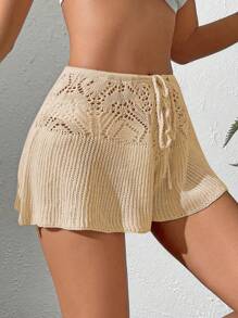 SHEIN Swim Springbreak Vacation Casual Solid Color Hollow Out Knit Cover Up & Shorts Set