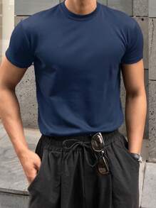 Men's Plain Cotton Crew Neck T-Shirt - Blue - View 3