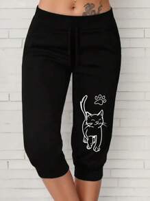 Pantalones capri informales con estampado de gato de dibujos animados y cordón en la cintura para mujer talla grande - Negro - Ver 1