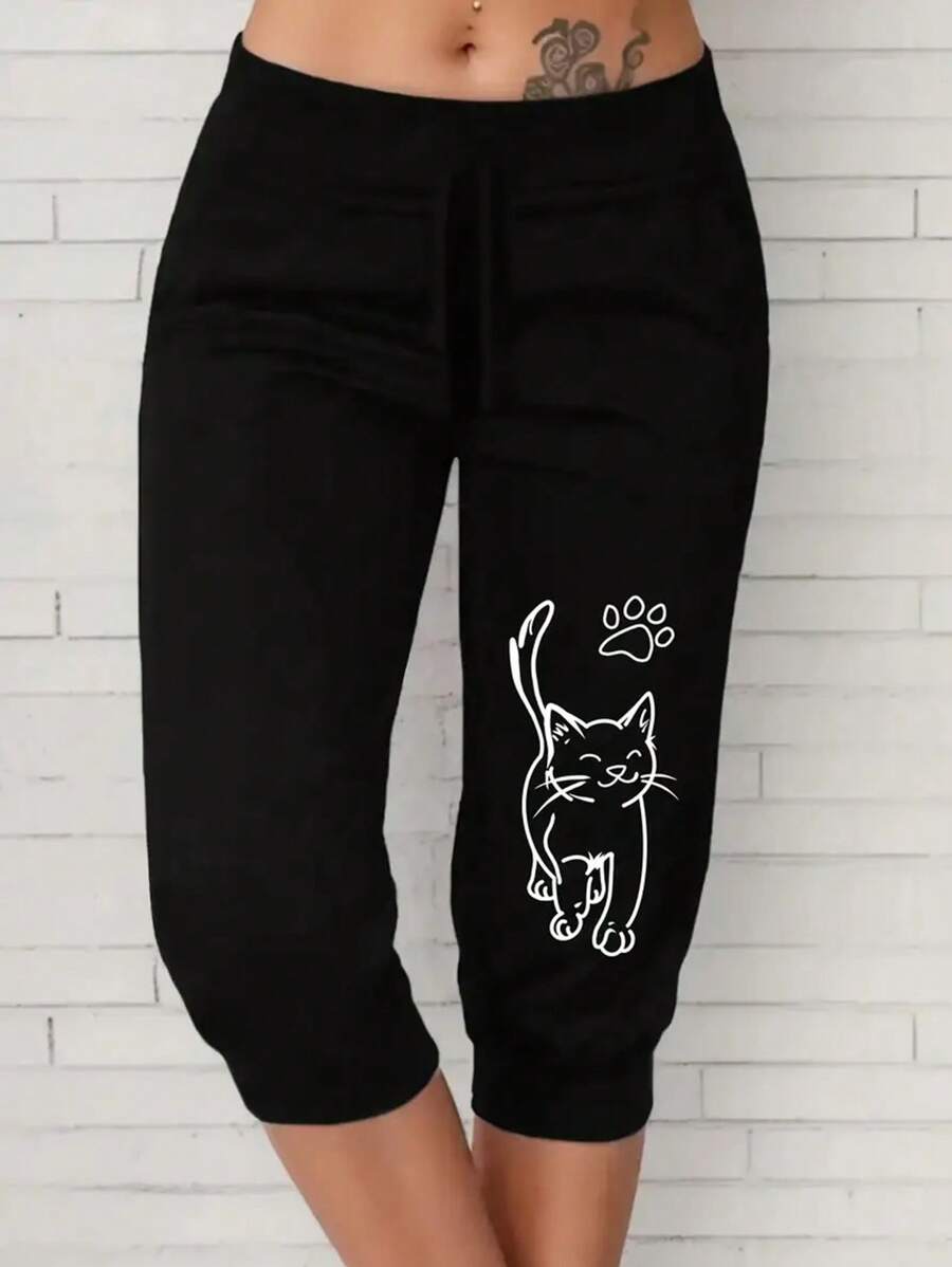 Pantalones capri informales con estampado de gato de dibujos animados y cordón en la cintura para mujer talla grande - Negro - Ver 1