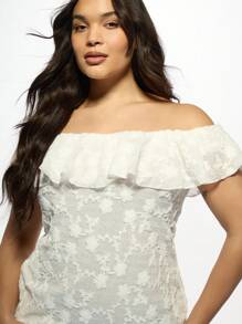 MISSGUIDED PLUS Plus Size Off-Shoulder Ruffle Mini Dress Summer Vacation Beach Resort Wear Ruffled Bardot Neckline Semi-Sheer Flirty Evening Party Dress - White - View 6