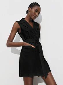 Maija 女士春夏新款腰带都市现代日常休闲短款连衣裙，适合外出、节日派对、约会、婚礼、音乐节等场合，复古90年代波西米亚风女装 - 黑色 - 查看 4