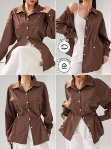 Heiryn 女士休闲收腰宽松衬衫 - 咖啡棕 - 查看 2