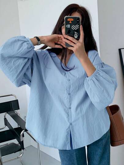 DAZY Women Fashionable Loose All-Match Solid Color Shirt For Everyday Wear,Fall Clothes Long Sleeve Top