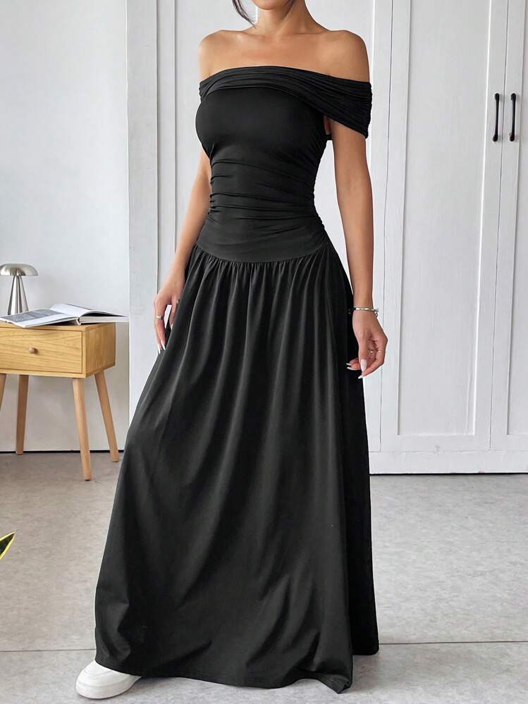 SHEIN EZwear فستان طويل بطراز غربي محبوك بخصر منقوش وكتف مكشوفة، صيفي - الأسود - مشاهدة 6