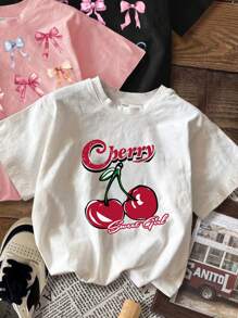 SHEIN Paquete de camisetas informales minimalistas con estampado de dibujos animados para niñas preadolescentes, aptas para el verano