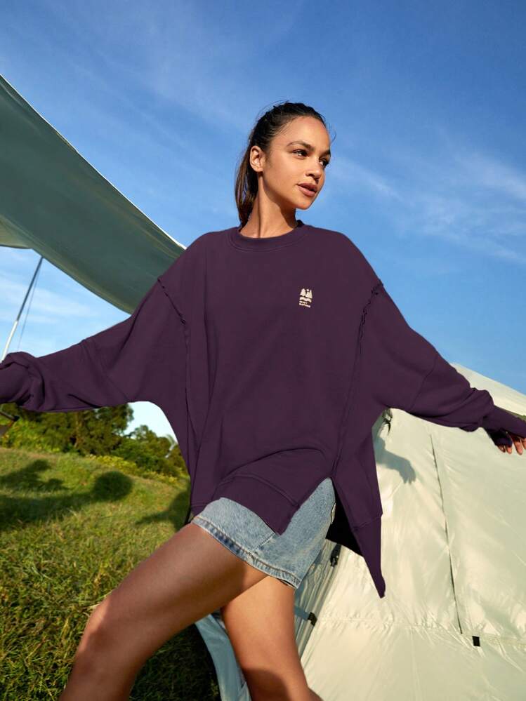 In My Nature Women's Casual Minimalist Side Split Dropped Shoulder Loose Sweatshirt For Outdoor Use Hiking Women Clothes - Purple - View 7