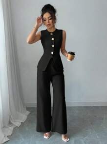 Selianne 女士优雅花卉纽扣休闲/通勤装