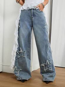 Coolane 女士夏季节日男友风垃圾摇滚运动休闲垃圾摇滚星星图案水洗牛仔裤，狂欢节阔腿牛仔裤宽松牛仔裤女士 - 藍色 - 查看 5