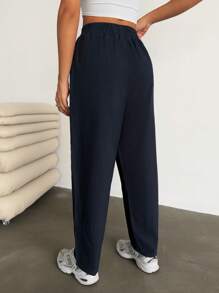 RueChic Women's Solid Color Elastic Waist Pleated Straight Leg Loose Casual Pants - Navy Blue - View 6