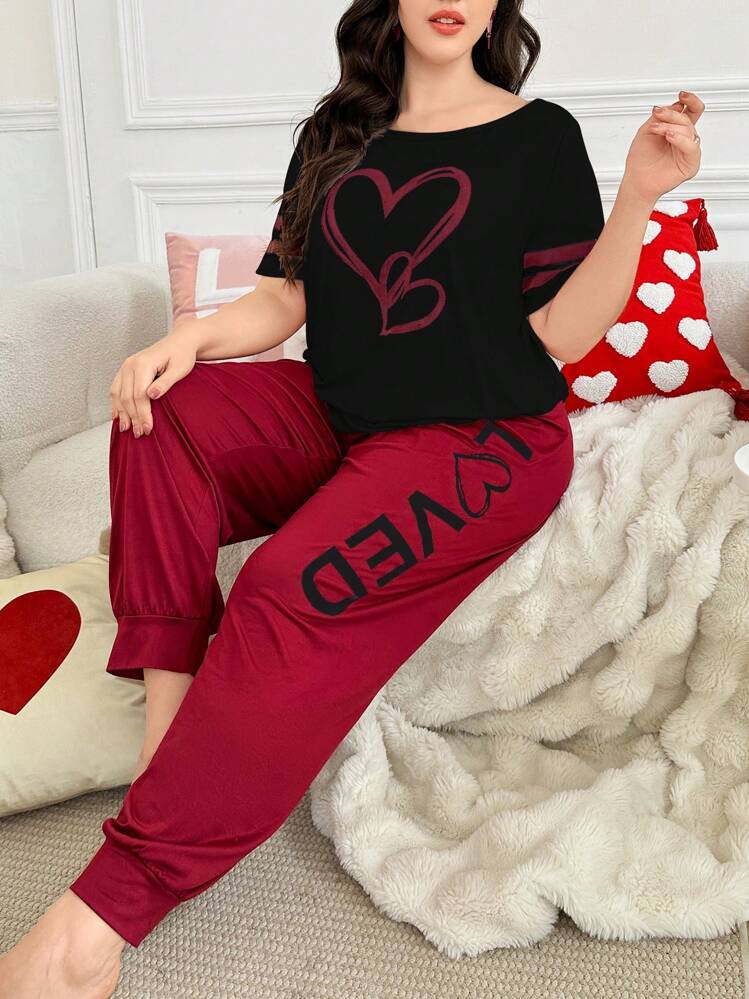 Plus Size Colorblock Striped Short Sleeve Love Letter Print Top & Pants Pajama Set, Outfits - Black - View 4