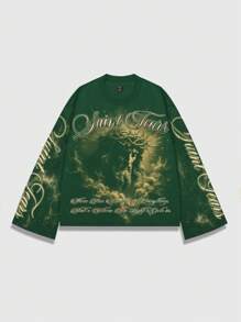ROMWE MEN Goth Men's Religious Jesus Printed Pullover Hoodie, Suitable For Daily Wear, Spring/Summer - Olive Green - View 1