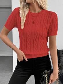 EMERY ROSE Blogger Style Twist Rope Decor Round Neck Knitted Top, Fashionable & Versatile, Autumn/Winter - Red - View 4