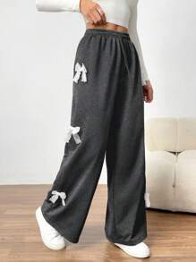 Teen Girls Loose Knit Wide Leg Pants Black Color With White Lace Bow Decor, Casual Waist Tie Front Pants, Gift For Valentine's Day, Friends Or Yourself,Holiday,Summer,Travel - Dark Grey - View 4