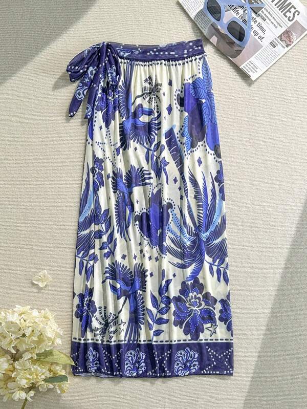 Soleia Saia de praia com estampa floral tropical colorida feminina, com laço lateral e amarração, para férias