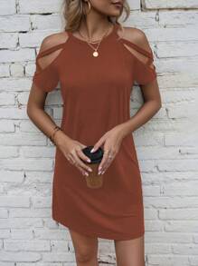 SHEIN LUNE Vestido casual de unicolor con hombros descubiertos para ropa de Año Nuevo