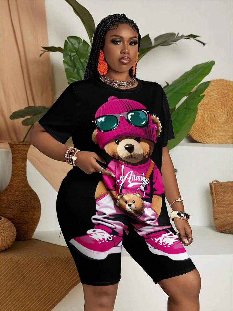 Slaydiva 2 件套大码女士休闲可爱卡通熊短袖 T 恤和短裤套装，夏季 - 黑色 - 查看 1