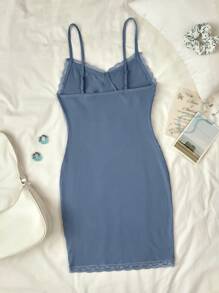 SHEIN Teen Girls Ribbed Knit Spaghetti Strap V-Neck Bowknot Lace Trim Cute Casual Dress, Spring/Summer, Homewear