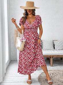 SHEIN Clasi 大码女士情人节编织印花常规春夏季度假红色短袖连衣裙，女士夏季服装，圣帕特里克节狂欢服装，节日春假服装，波西米亚风