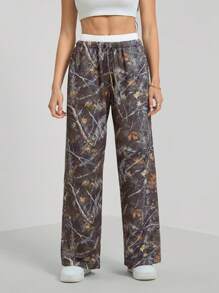 SHEIN Tall Women's Branch Print Drawstring Waist Wide-Leg Casual Pants, Tall Women - Multicolor - View 6