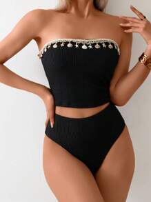 SHEIN Swim 2pcs Women Springbreak Spaghetti Strap Bikini Set, Textured Fabric With Seashell And Starfish Decor, High Waist Bikini Bottom, Adult Beach Spaghetti Strap Bikini For Summer Beach Vacation