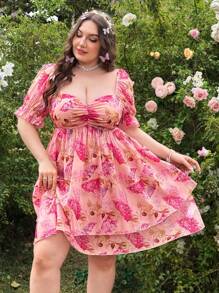Lyrianda Plus Size Vintage Floral Ruffle Hem Lantern Sleeve Mini Dress For Women, Casual, Office, Beach, Wedding, Spring/Summer
