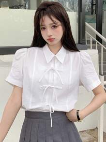 DAZY Của phụ nữ Màu thuần Bong bóng Tay áo Cà vạt Áo sơ mi - trắng - Xem 7