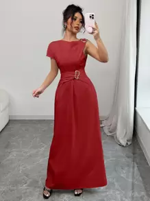 Selianne 女士中长休闲连衣裙，适合夏季 - 酒紅色 - 查看 1