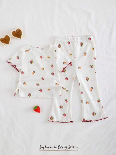 Cozy Pixies Infant/Baby Girl 2 Pieces Set: Floral Print Soft Knit Round Neck Short Sleeve Top And Elastic Waist Long Pants