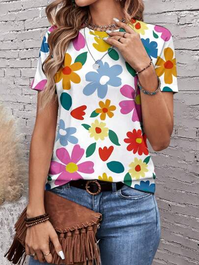 EMERY ROSE Casual Floral Artistic Abstract Print Round Neck Short Sleeve Loose Women T-Shirt, Spring/Summer Suitable For Going Out