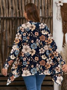 EMERY ROSE Plus Size Women's Khaki Ditsy Floral Long Sleeve Jacket, Suitable For Spring & Autumn