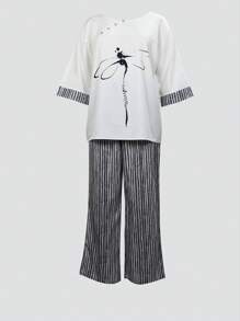 Women 2 Pieces Set: Round Neck Short Sleeve T-Shirt And Pants, Minimalist And Fashionable, Suitable For Summer - White - View 3