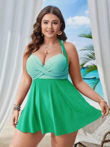 SHEIN Swim Curve 2pcs Plus Size Women Spaghetti Strap Gather Waist A-Line Backless Bikini Set, Fashionable & Elegant For Holiday, Beach